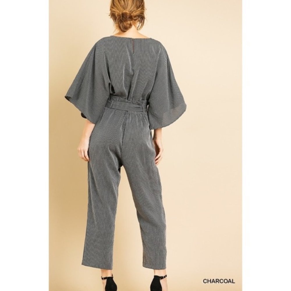 Umgee | Carmen Pinstripe Jumpsuit Paperbag Wide Sleeve Charcoal Black New Medium - Picture 9 of 15